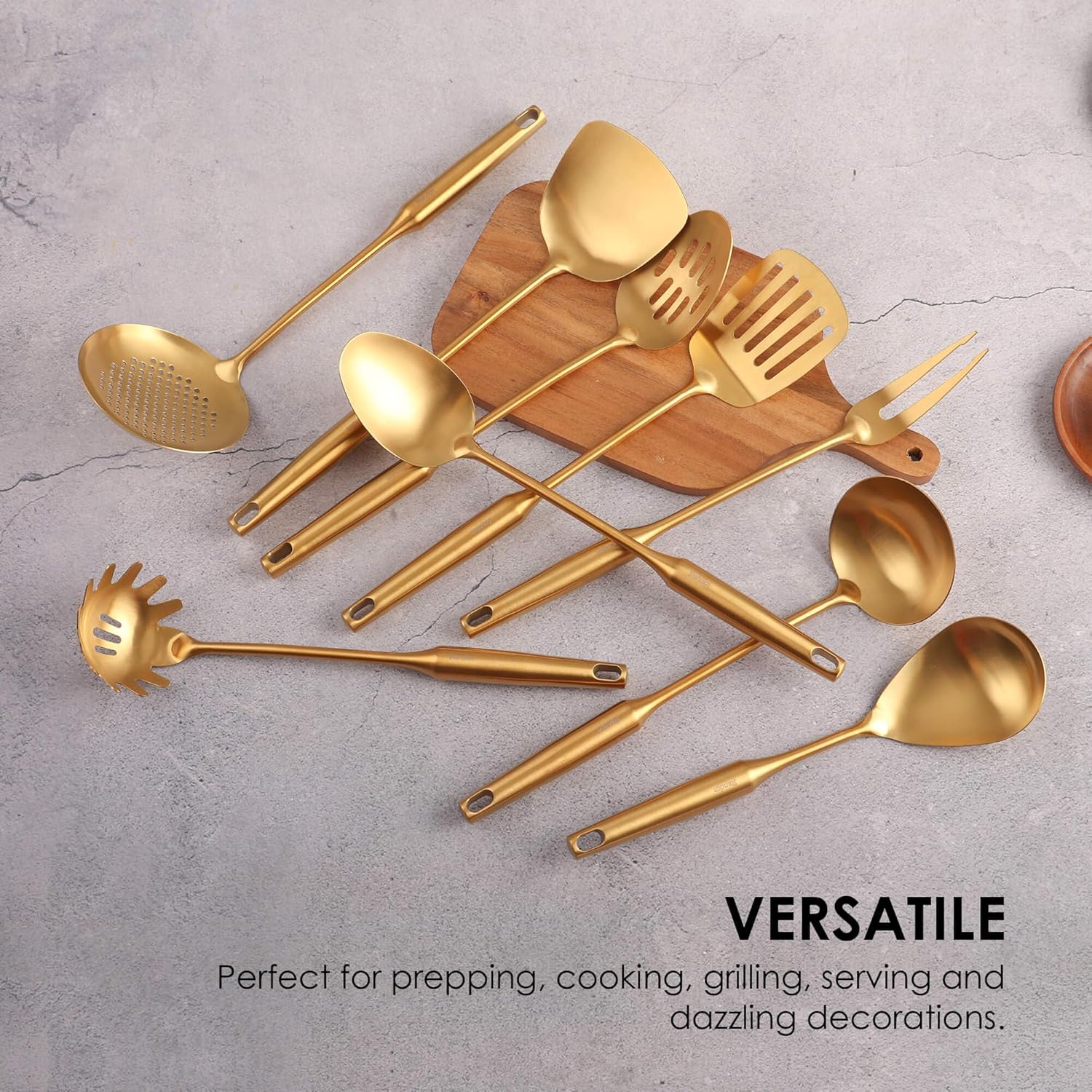 Gold Kitchen Utensils Set of 9 - 15 Inch All Metal Tools