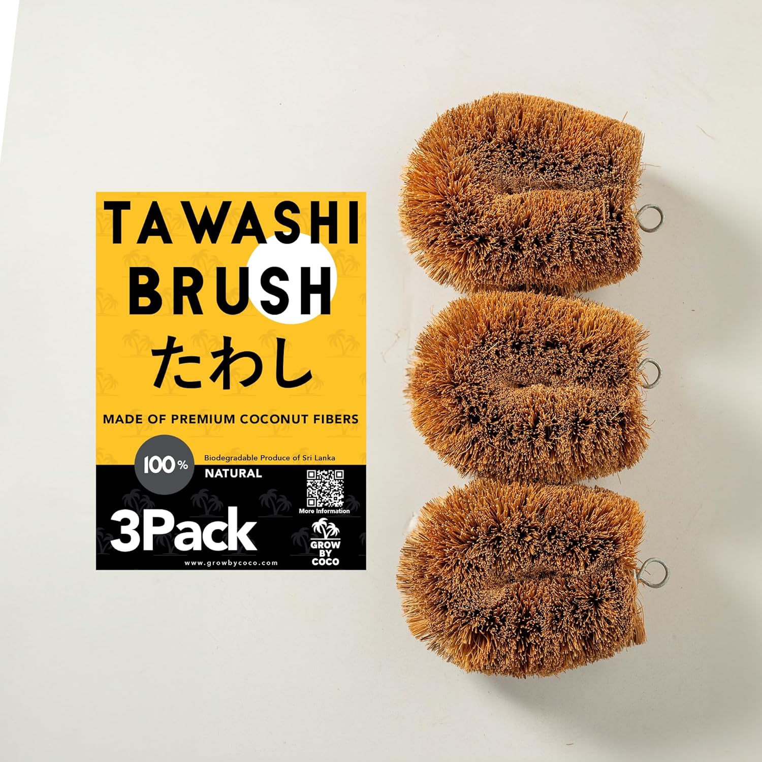 Eco-Friendly 3-Pack of 100 Natural Coconut Coir Kitchen Brushes