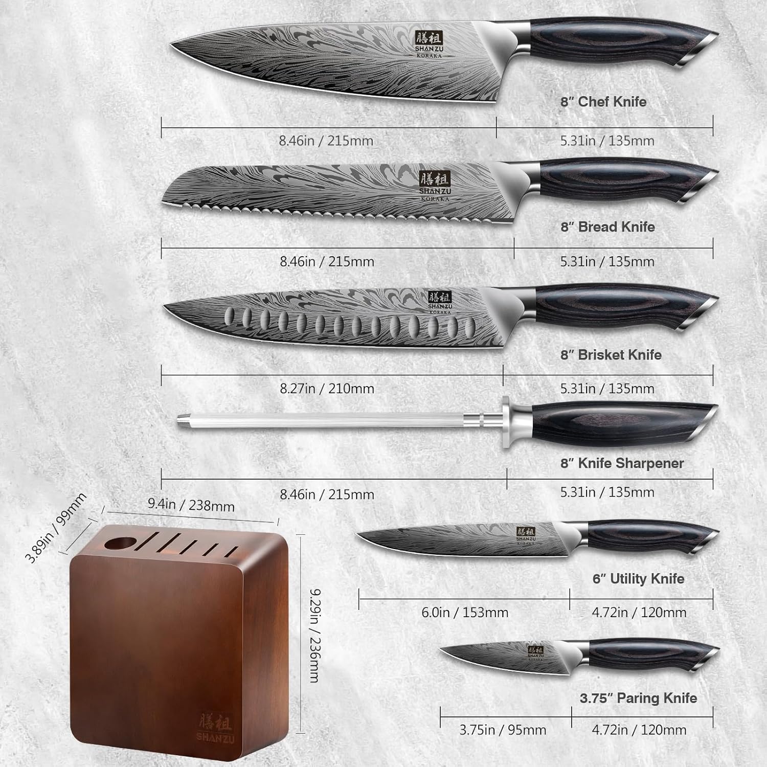 SHAN ZU 7 Piece Kitchen Knife Set with Magnetic Block