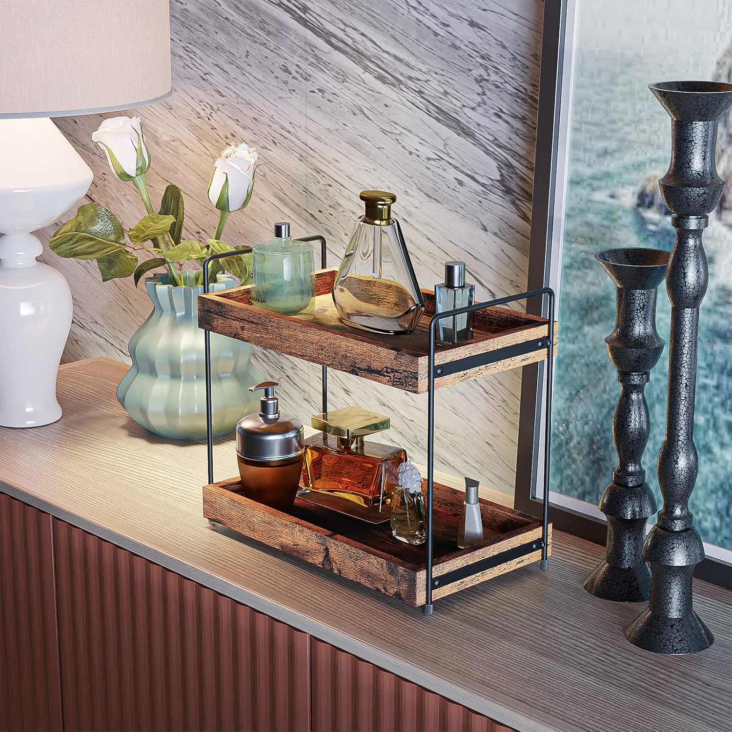 2-Tier Bathroom Counter Organizer Wood Kitchen Countertop Spice Rack