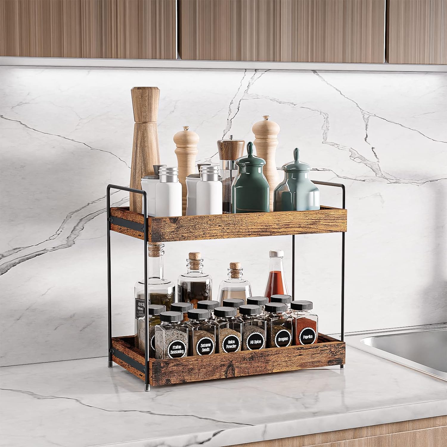 2-Tier Bathroom Counter Organizer Wood Kitchen Countertop Spice Rack