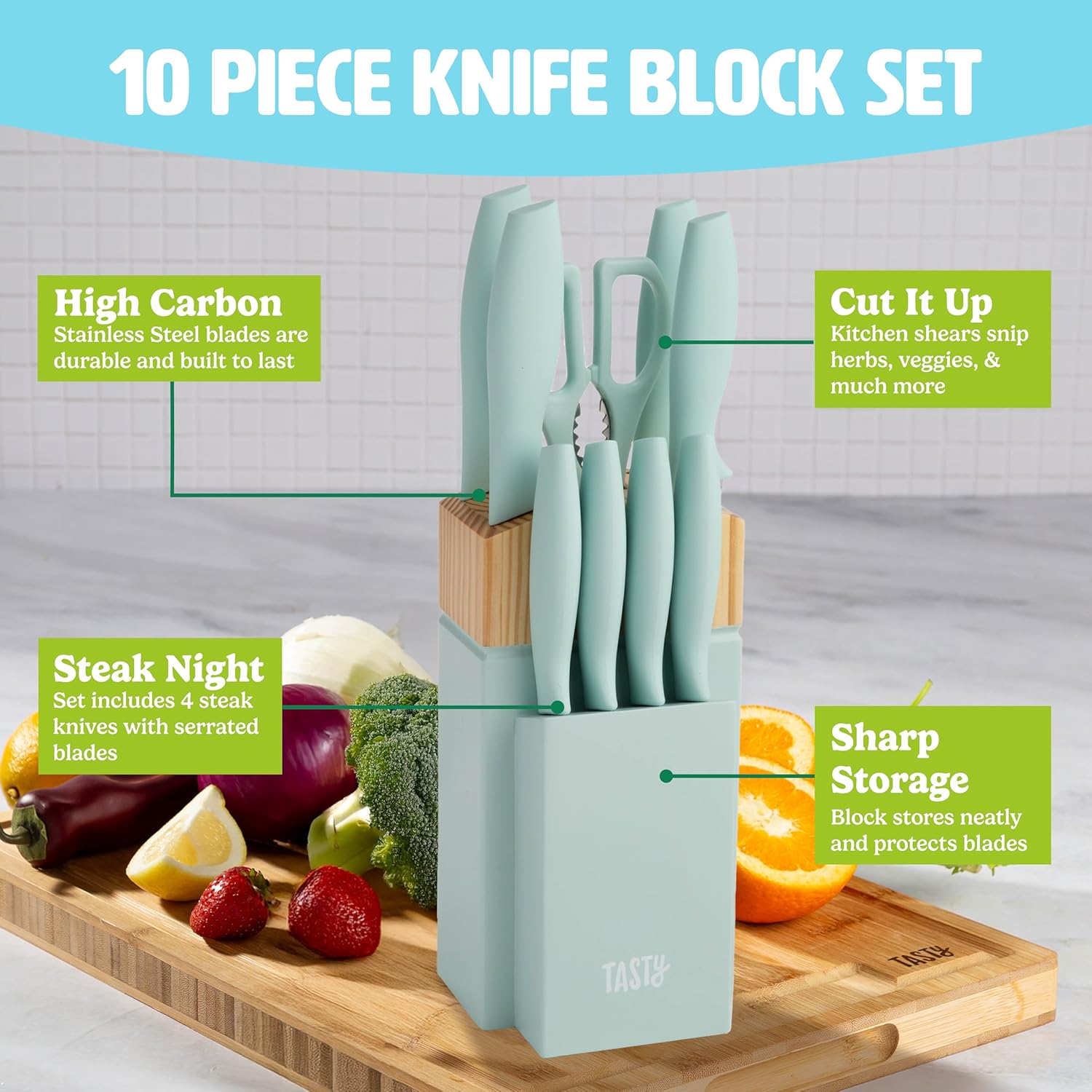 Tasty Kitchen Knife Set with Block 10-Piece Aqua
