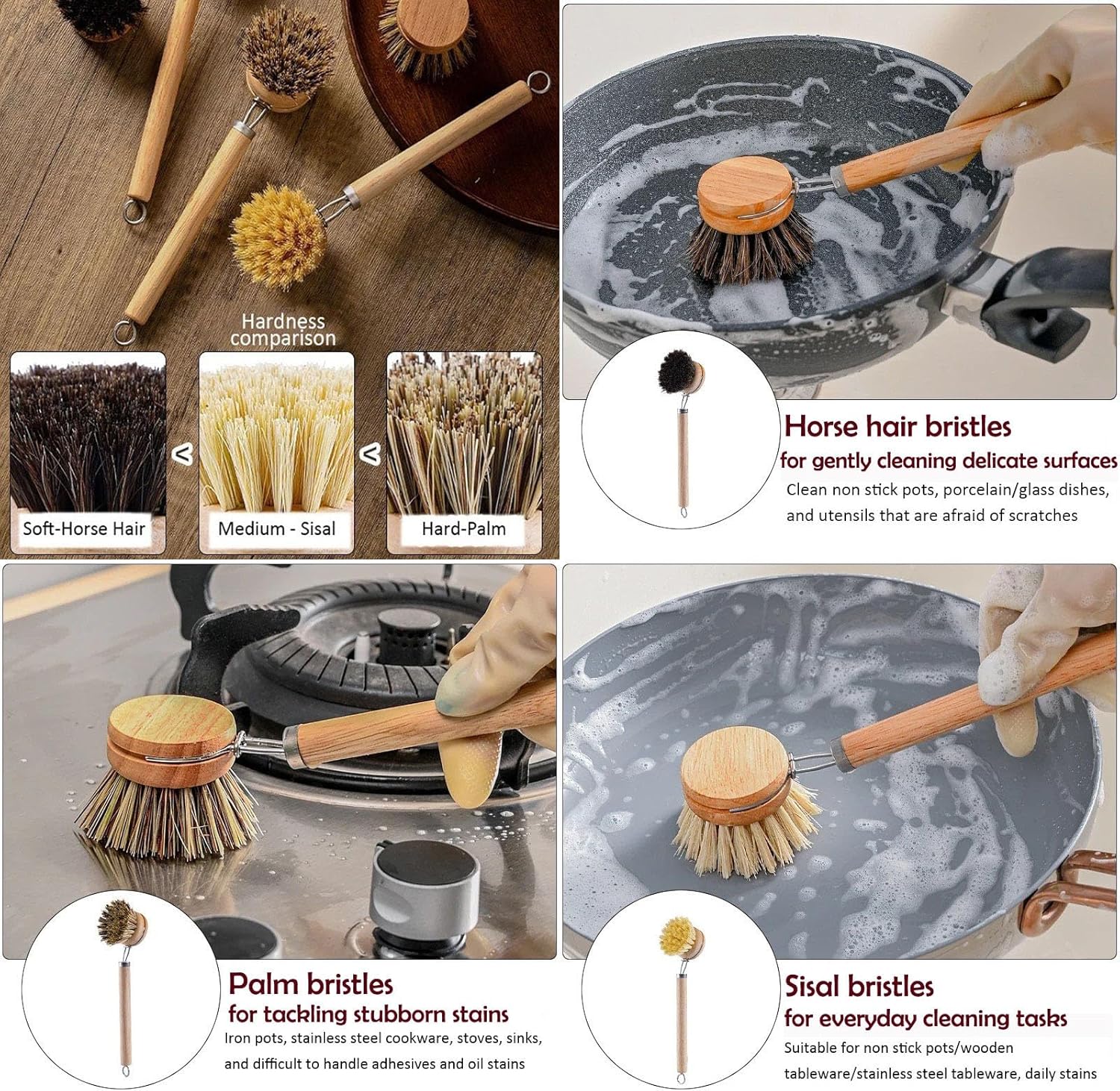 Sturdy Bamboo Dish Brush with Handle for Effortless Cleaning