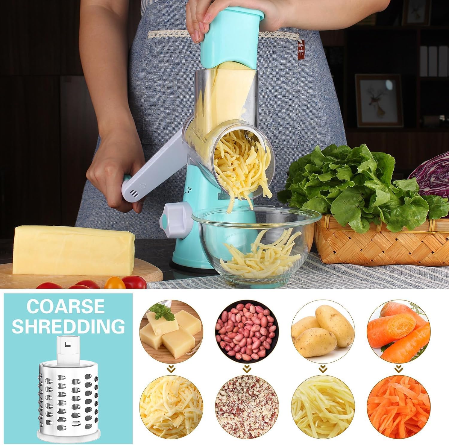 Cambom Rotary Cheese Grater with Three Blades and Suction Base
