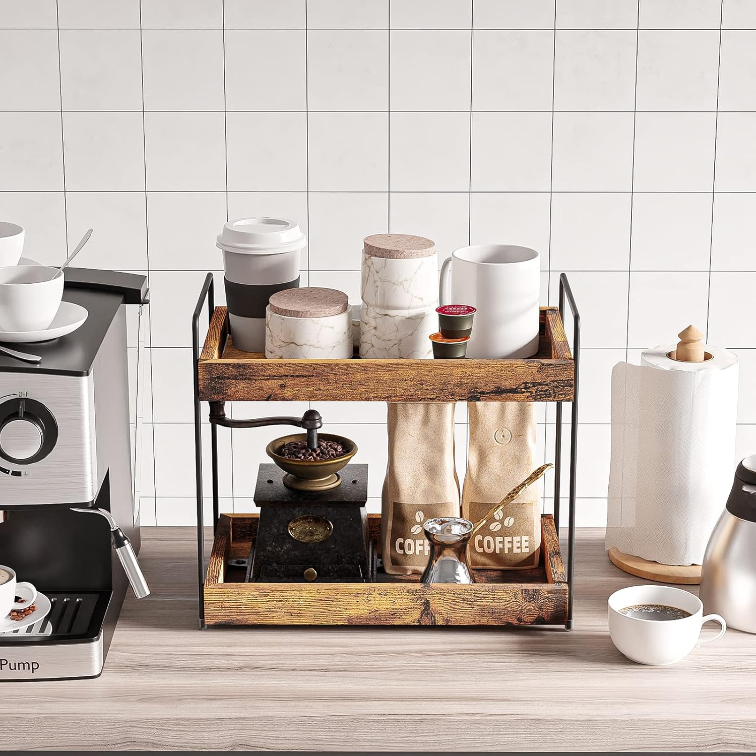2-Tier Bathroom Counter Organizer Wood Kitchen Countertop Spice Rack