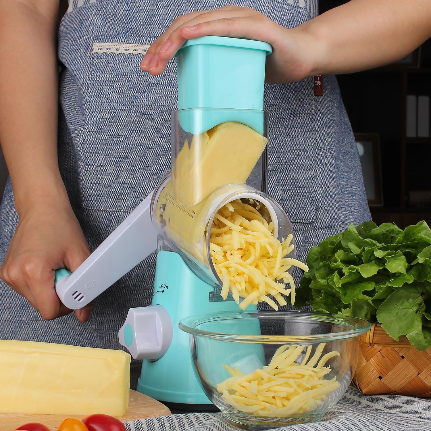 Cambom Rotary Cheese Grater with Three Blades and Suction Base