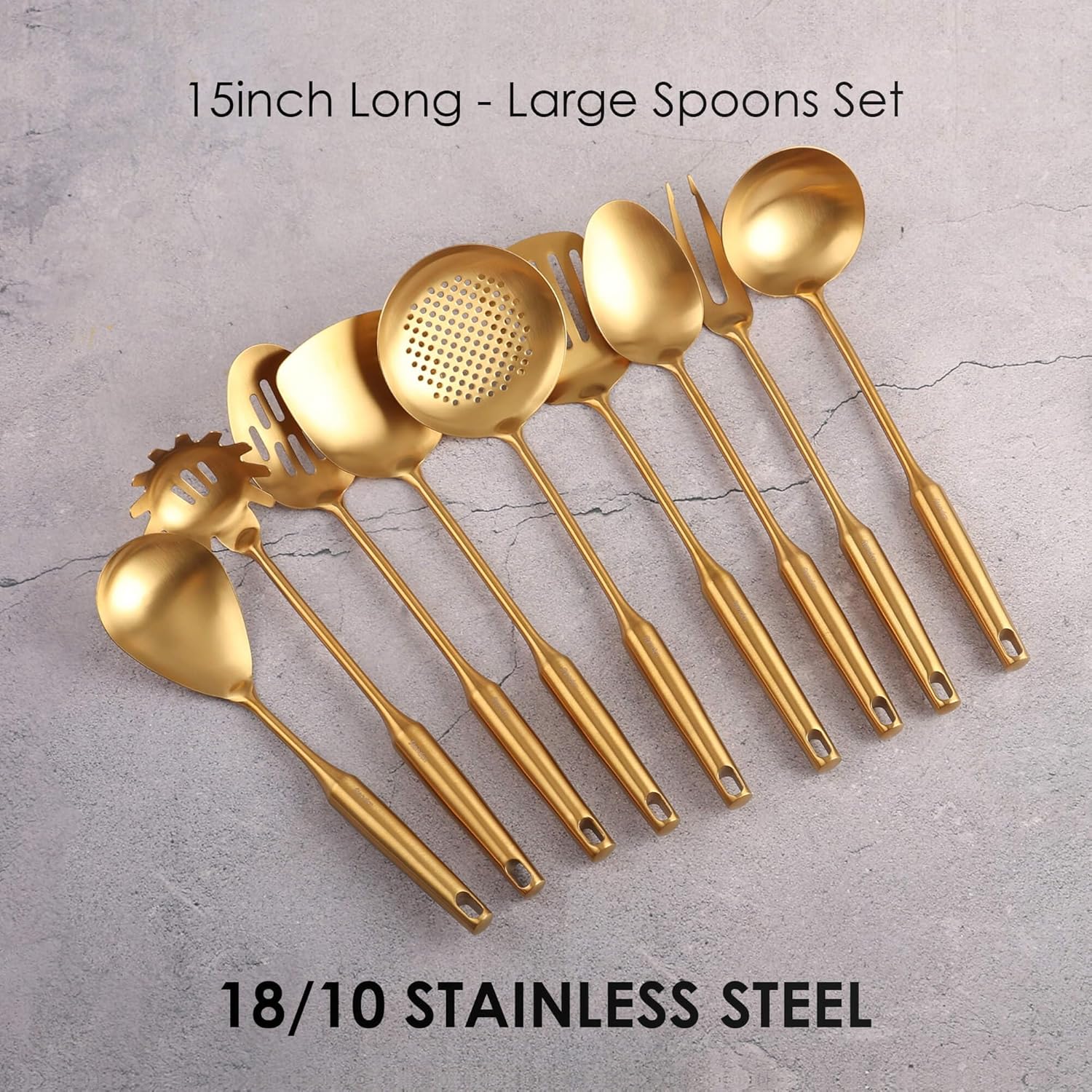 Gold Kitchen Utensils Set of 9 - 15 Inch All Metal Tools