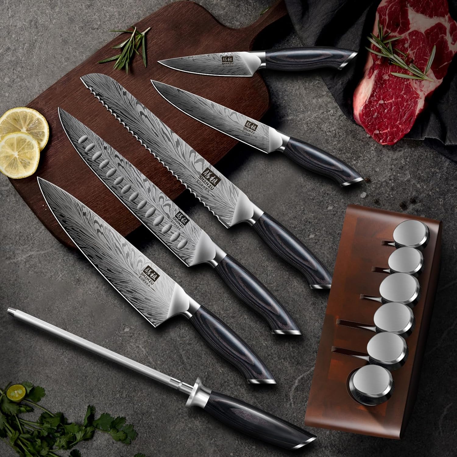 SHAN ZU 7 Piece Kitchen Knife Set with Magnetic Block
