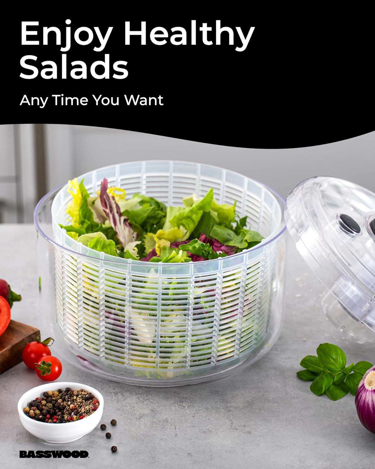 Basswood Pump Salad Spinner with Bowl and Colander - 47 Qt