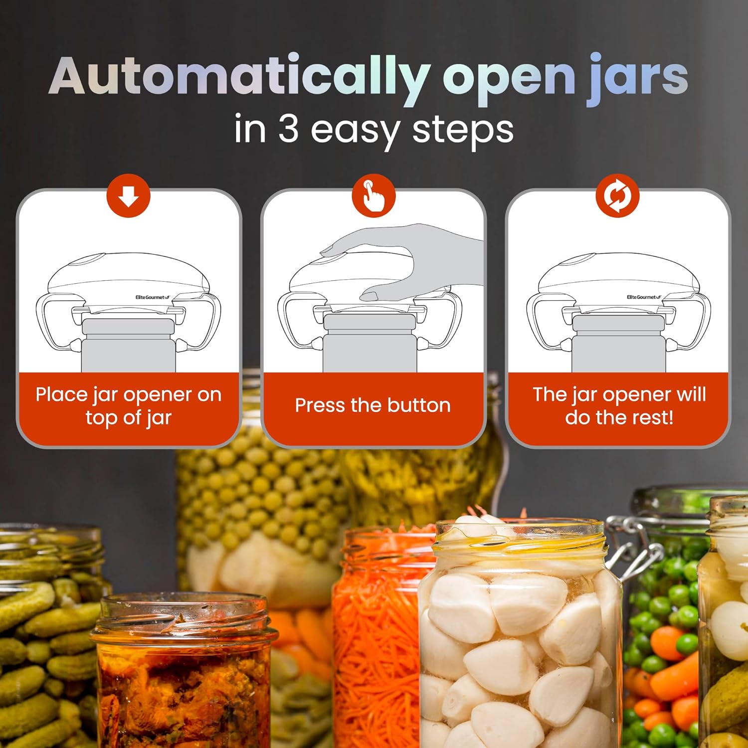 Elite Gourmet EJO800 High Power Torque Automatic Jar Opener BlackGray