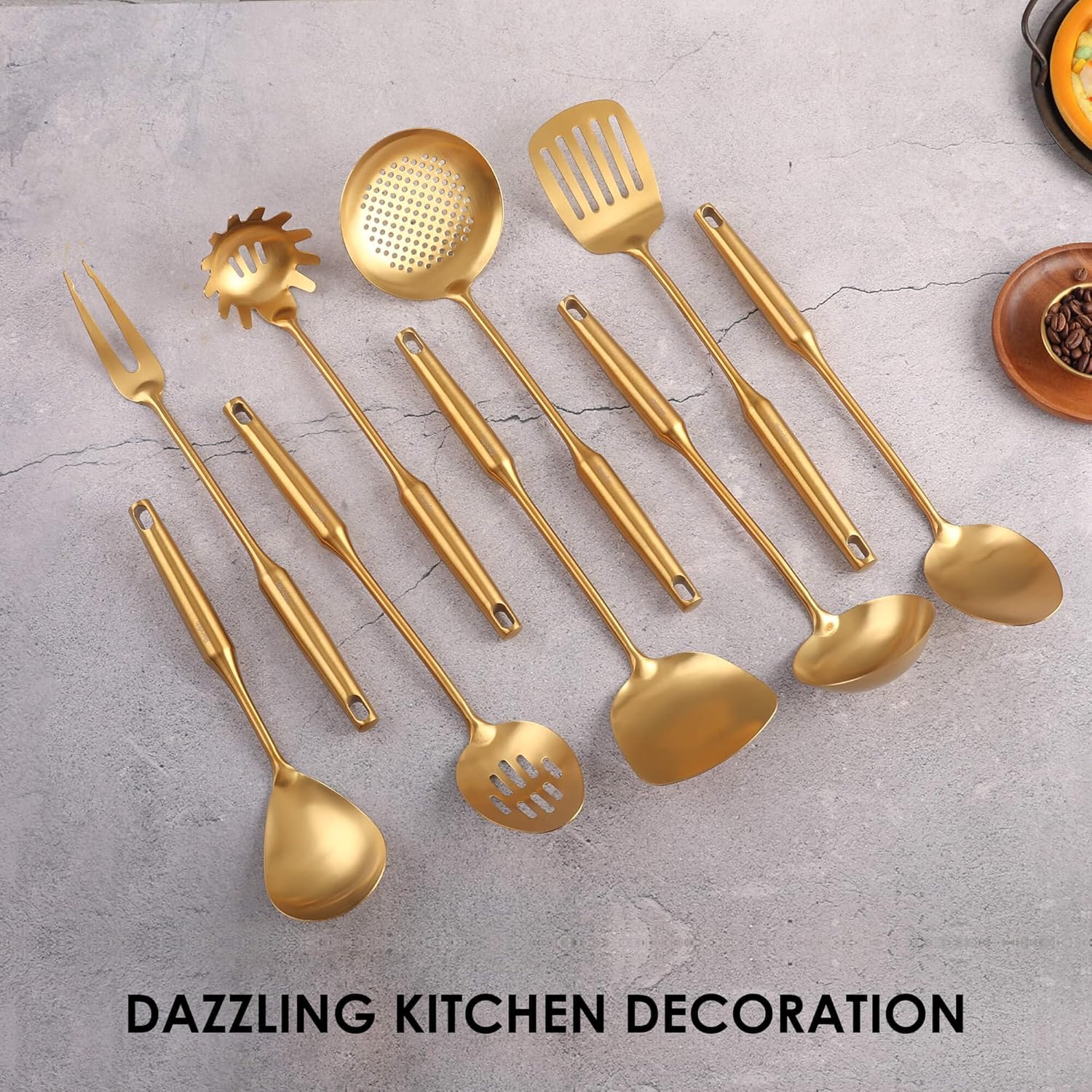 Gold Kitchen Utensils Set of 9 - 15 Inch All Metal Tools